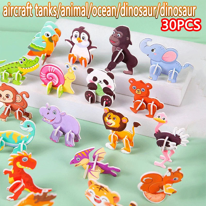 30Pcs Children's 3D DIY Puzzle Mini Aircraft Tanks Animal Dinosaur Model Paper Jigsaw Puzzles Early Educational Toy for Kids