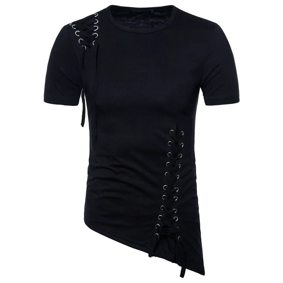 New Men's Summer Short Sleeve T-shirts Trend Irregular Design Lace Up Solid Slim Tees Fashion Gothic Style Casual Shirts Men