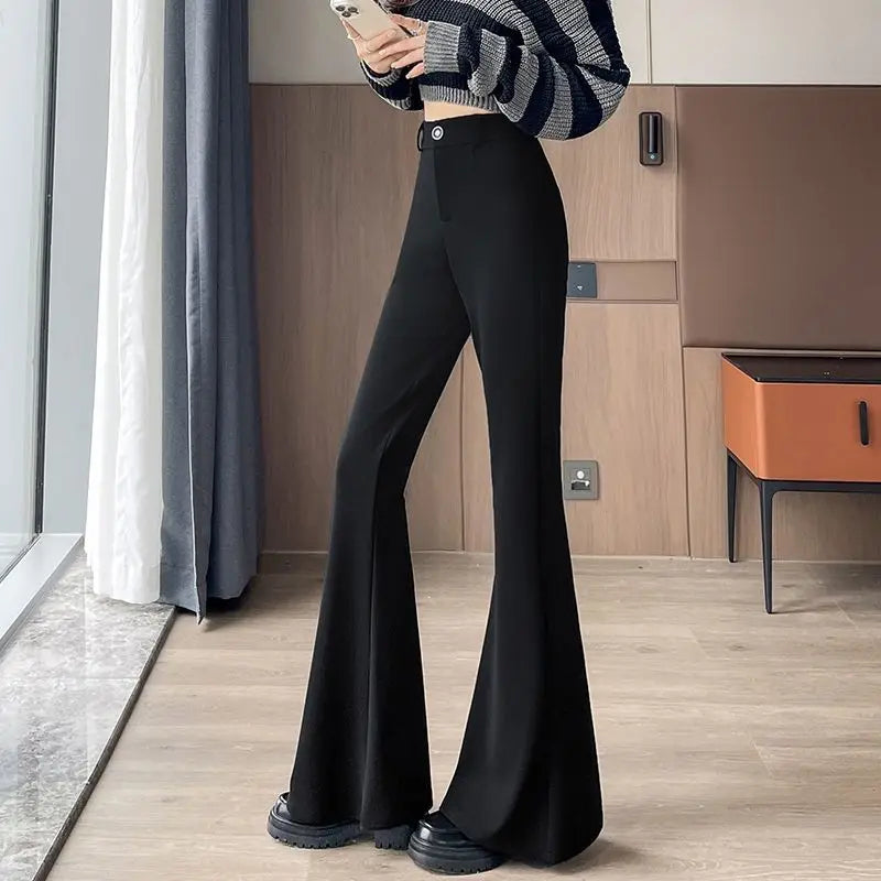 Small Flare-bottom Pants for Women's Spring New Black High-waisted Slim and Stretchy Casual Suit Pants