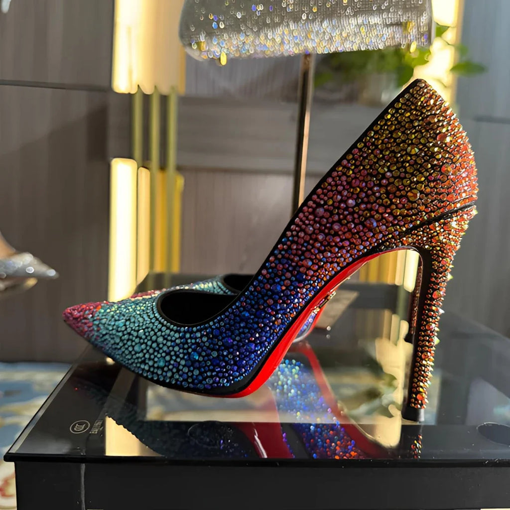 Women Full Diamond High Heel Pumps Rhinestone Pointed Toe Stiletto Heel Bling Bling Luxury Brand Colorful Crystal Wedding Shoes