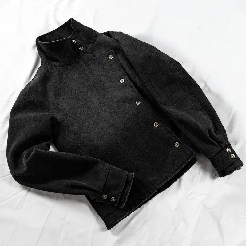 Y2k American Black Fencing Jacket Retro Gothic Hip-Hop Washed Gradient Irregular Buttons Men And Women Canvas Casual Jacket