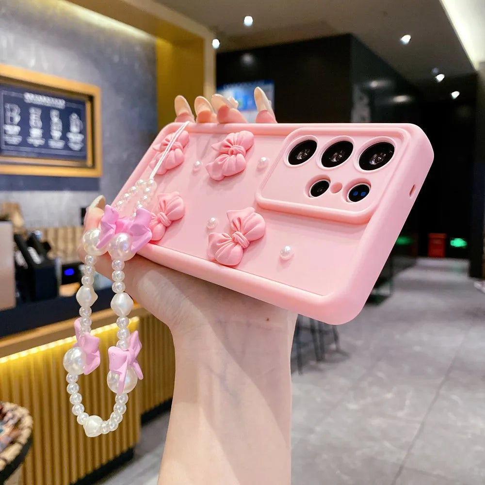 For Xiaomi Redmi Note 10 9 8 7 Pro 4g 5g 10s 3D Pearl Pink Bow Phone Case On Note10 S 10pro With Bracelet Soft Cover 9pro 8pro