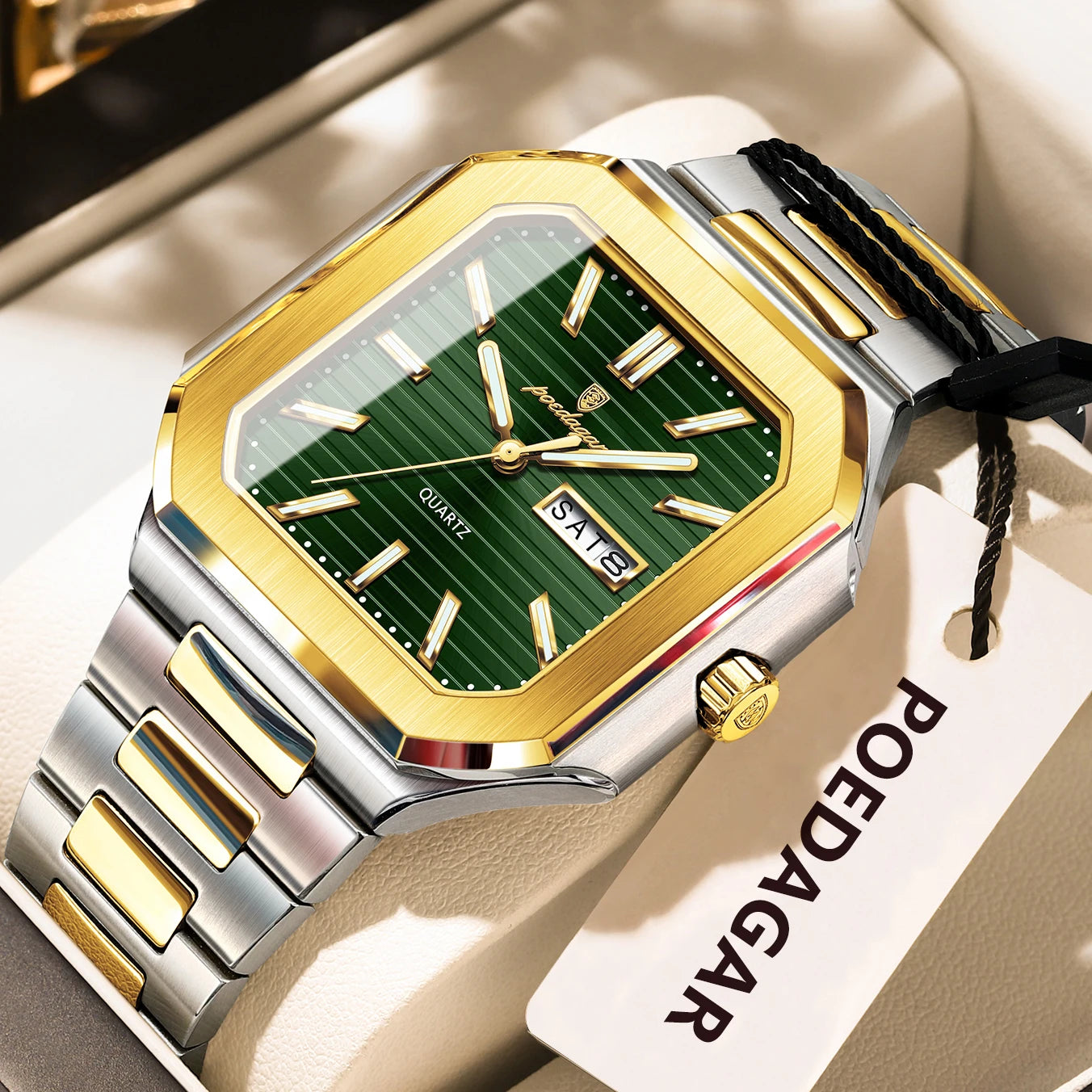 POEDAGAR Luxury Square Male Watch Waterproof Luminous Date Week Quartz Watches For Men Stainless Steel Fashion Men's Clock Reloj