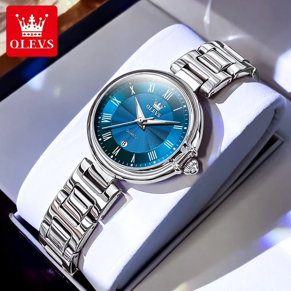 OLEVS 5608 Retro Style Quartz Watch for Women Elegant Steel Strap Auto Date Waterproof Luminous Luxury Ladies Wristwatch