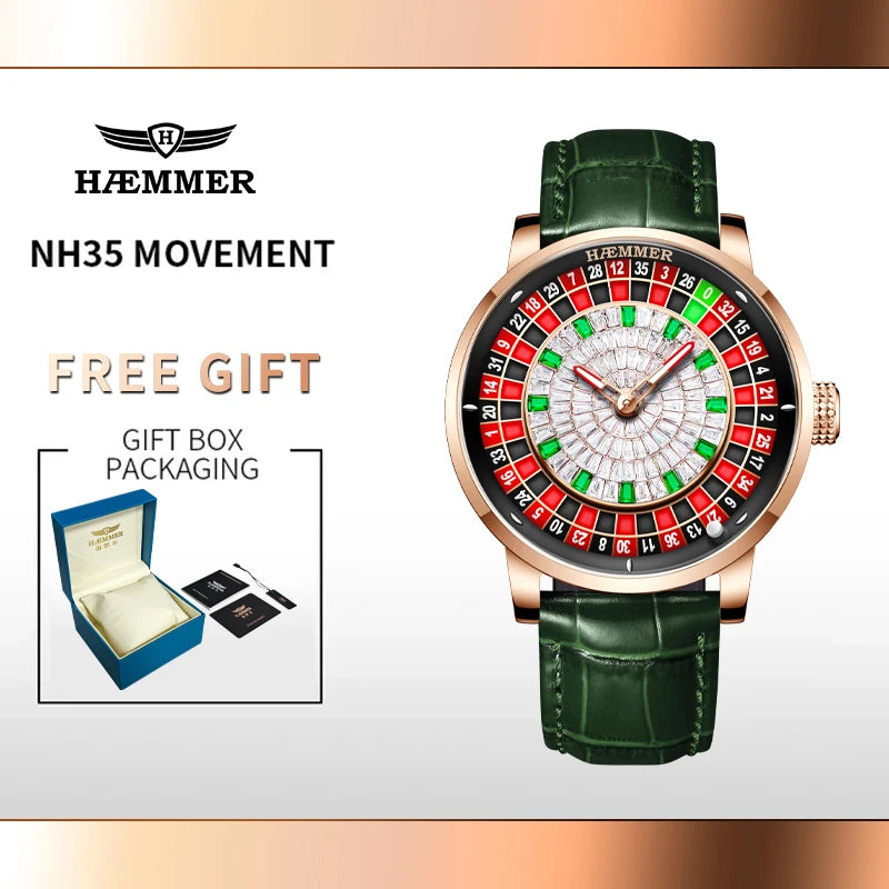 HAEMMER Luxury Men's Mechanical Watch NH35 Men's Roulette Rotary Sapphire Glass Watch Waterproof