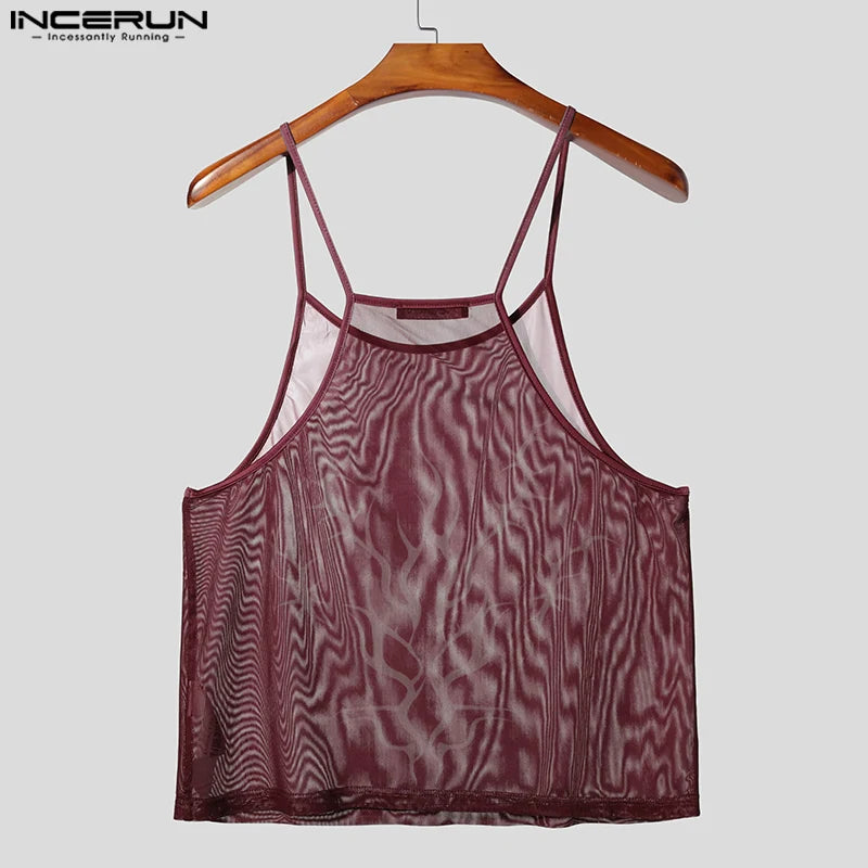 INCERUN Men Tank Tops Printing O-neck Sleeveless Summer Mesh Male Vests See Through Streetwear Sexy Fashion Crop Tops Men S-5XL