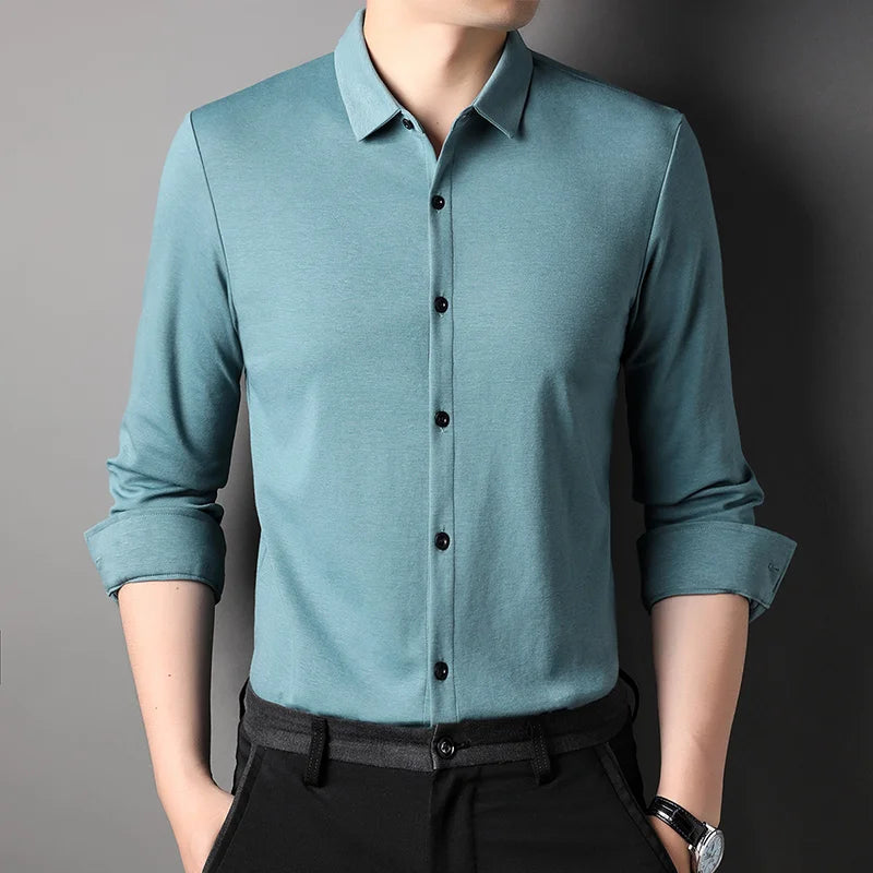 Top Grade Mulberry Silk 5.2% New Slim Fit Fashion Designer Brand Luxury Men Shirts 2025 Long Sleeve Plain Casual  Mens Clothes
