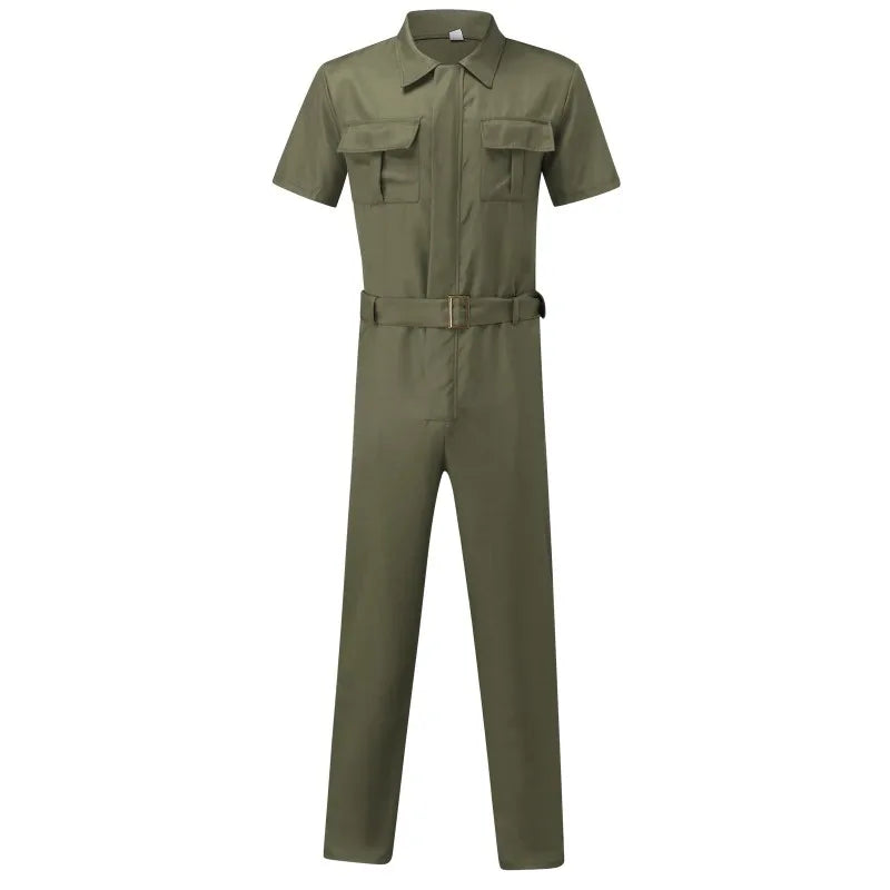 Men's Overalls Casual Streetwear Pocket Solid Color Short Sleeve+Trousers Jumpsuit Fashion Leisure Basic Work Cargos Pants S-3XL