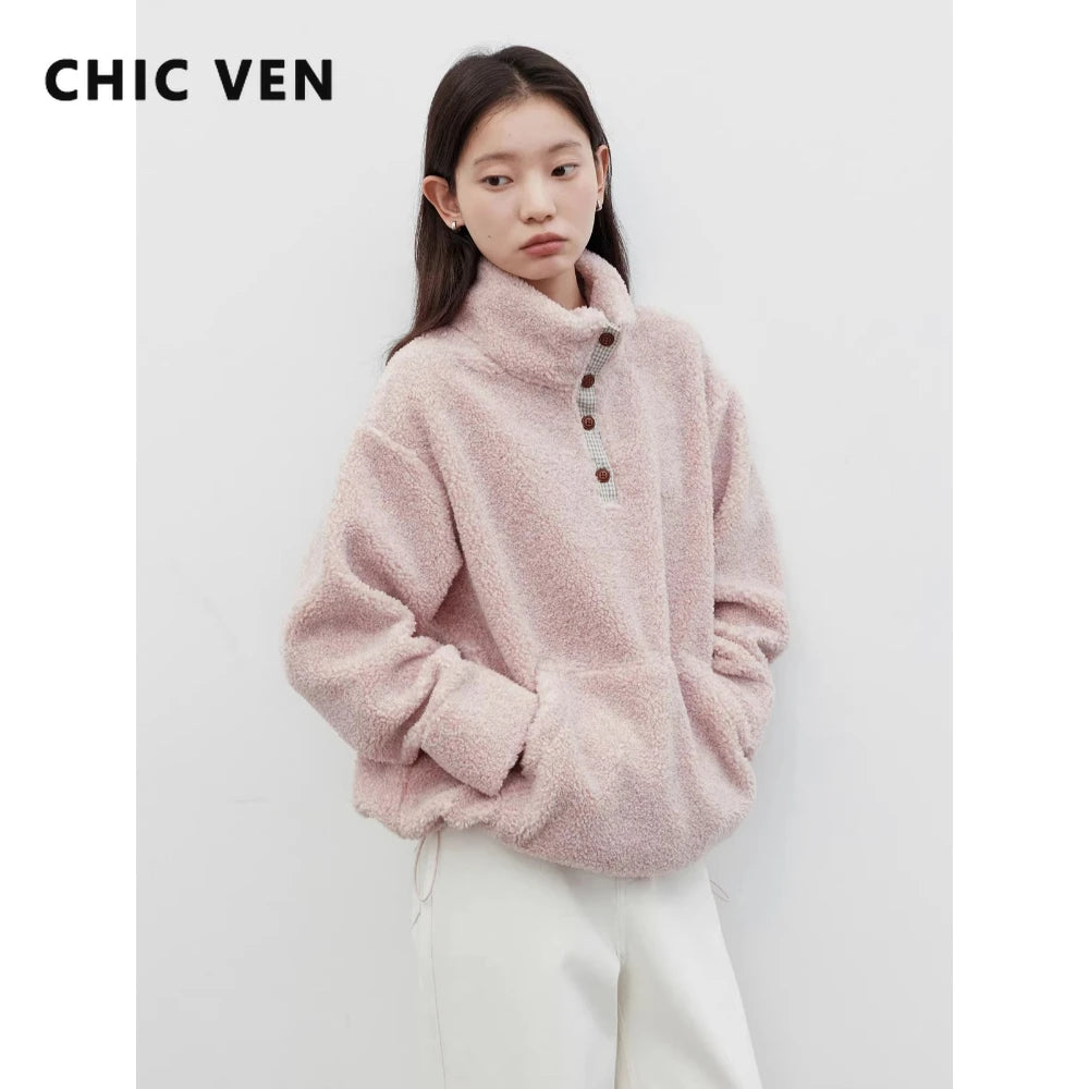 CHIC VEN Korean Women Sweatshirts New Loose Casual Plush Plaid Patchwork Drawstring Female Pullover Coat Autumn Winter 2025