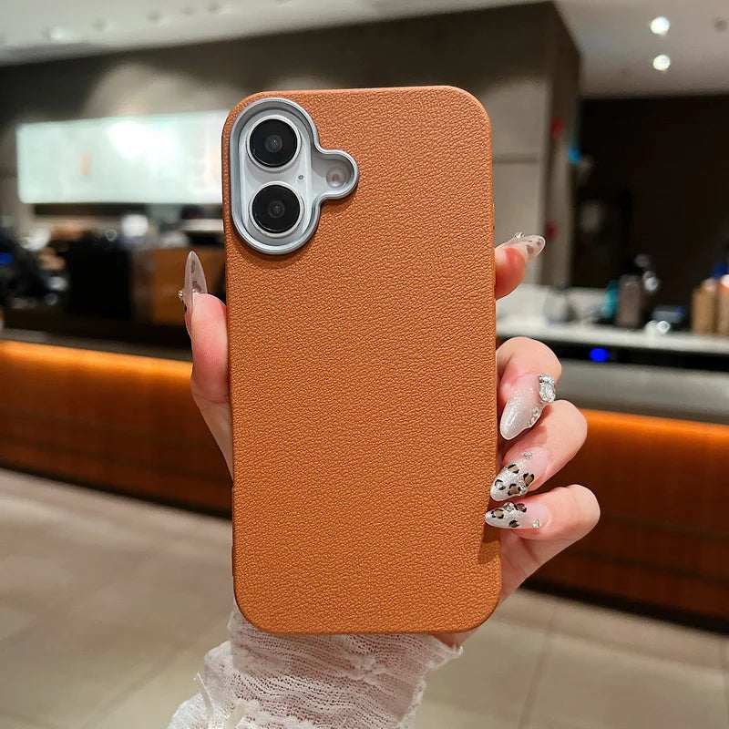 Funda Luxury Business Leather Texture Phone Cases For iPhone 17 12 13 14 15 16 Pro Max Plus Soft Silicone Shockproof Brown Cover
