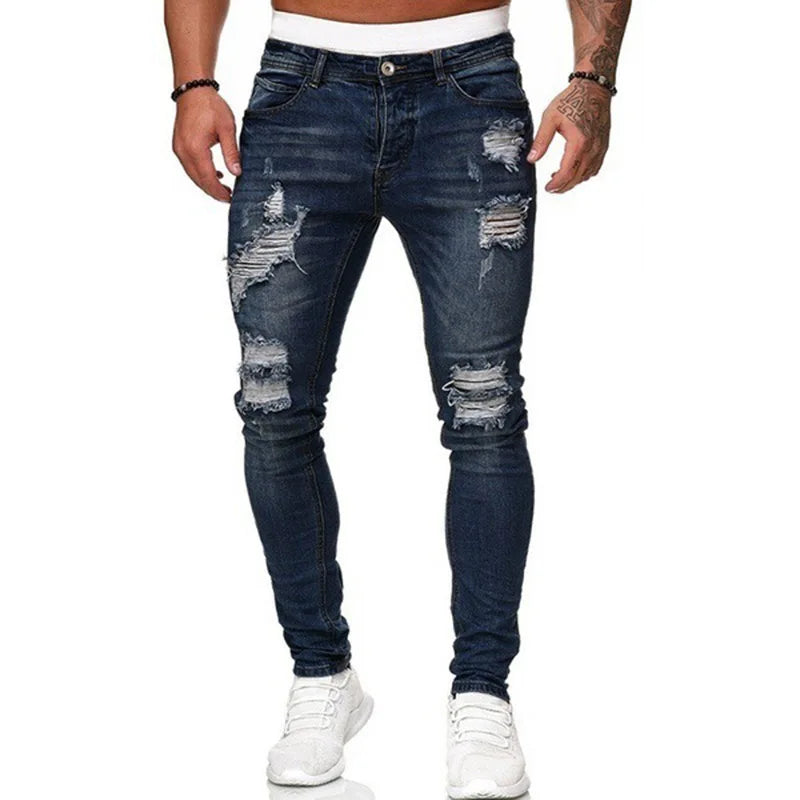 Men Fashion Street Style Ripped Skinny Jeans Men Vintage Wash Solid Denim Trouser Mens Casual Slim Fit Pencil Denim Pants 4XL
