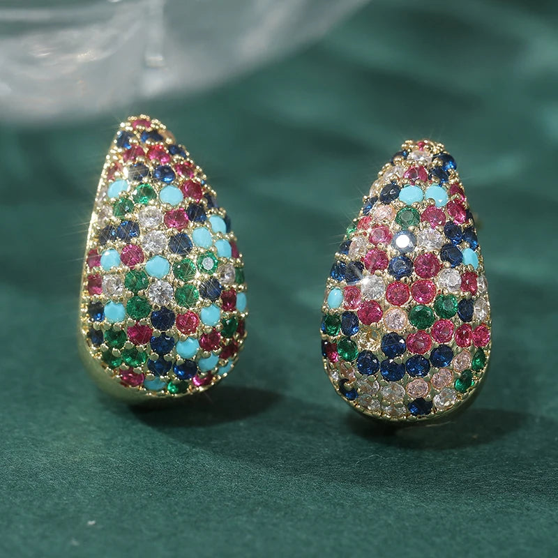 Luxury Gold Color Geometry Inlaid Multicolored Cubic Zirconia Copper Stud Women's Earrings Party Earrings Woman Fashion Jewelry