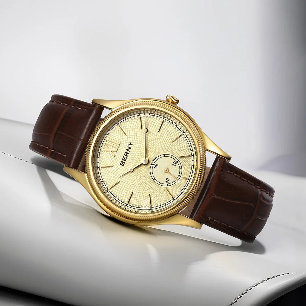 BERNY Luxury Watches for Men Ultra-Thin Classic Elegance Dress Gold Quartz Men's Watch Leather Strap Fashion Business Wristwatch