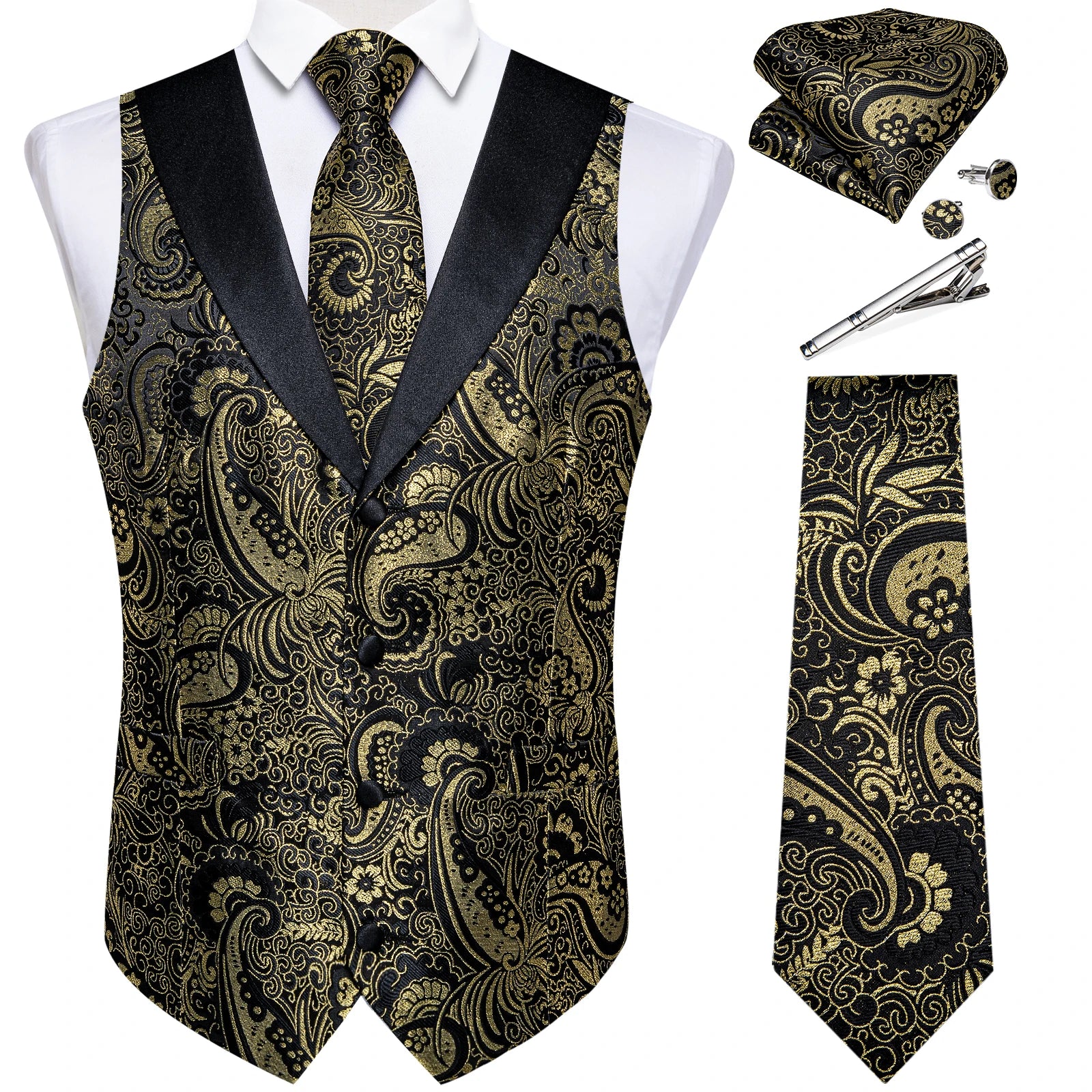 Suit Vest Set For Men Wedding Luxury Gray Paisley Dress Vests Necktie Clip Cufflinks Handkerchief Male Sleeveless Waistcoat Gift