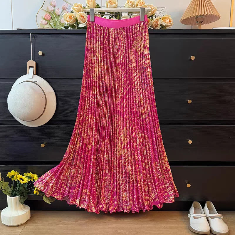 Bohemian Print Beach Skirts Female High Waist Flowy A-Line Pleated Maxi Skirt for Vacation Resort Wear & Spring Fall Fashion