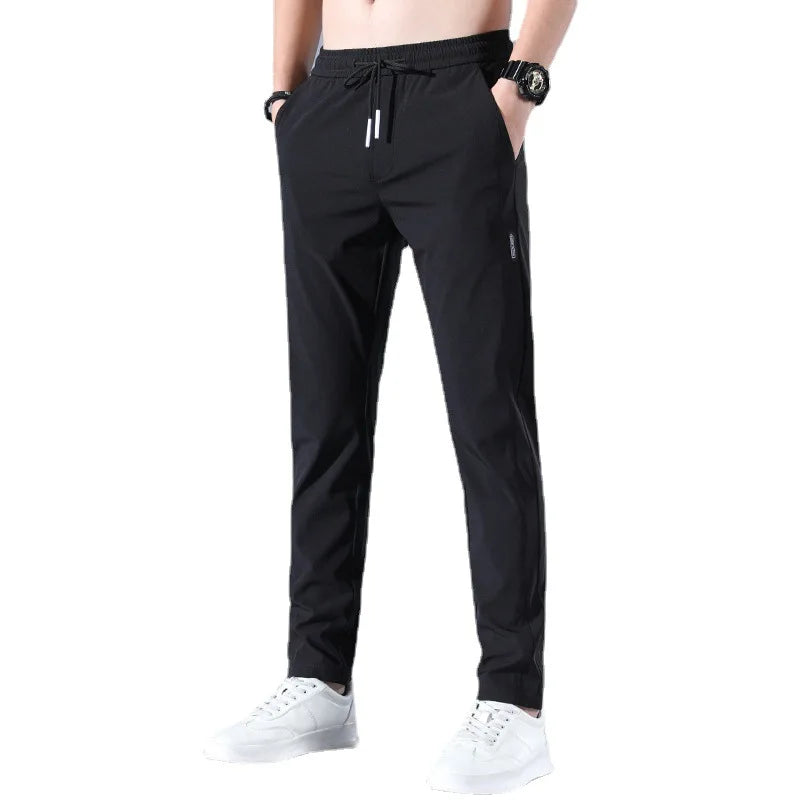 Ice Silk Men's Pants Summer New Black Gray Thin Business Casual Pants Outdoor Elastic Breathable Straight Leg Sweatpants