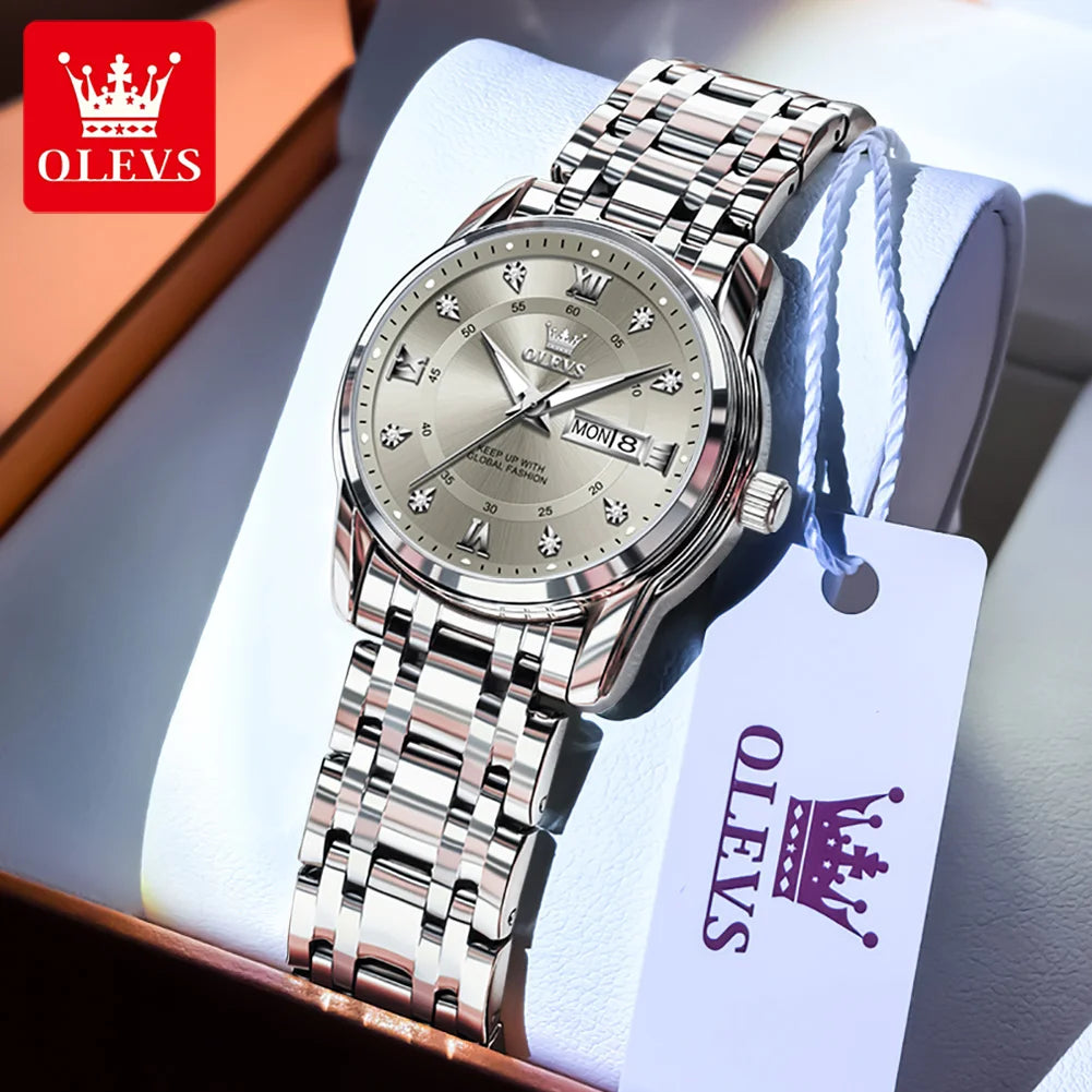 OLEVS 5513 Woman Watch Luxury Diamond Scale Dual Calendar Stainless Steel Strap Waterproof Watches Elegant Ladies Wristwatcheses
