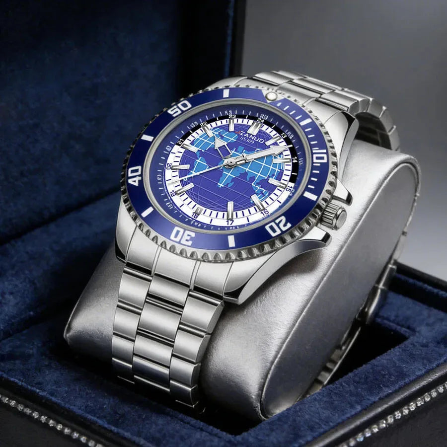 New Stylish Trendy Men Sports Quartz Watch With Stainless Steel Strap Map Luminous Hands