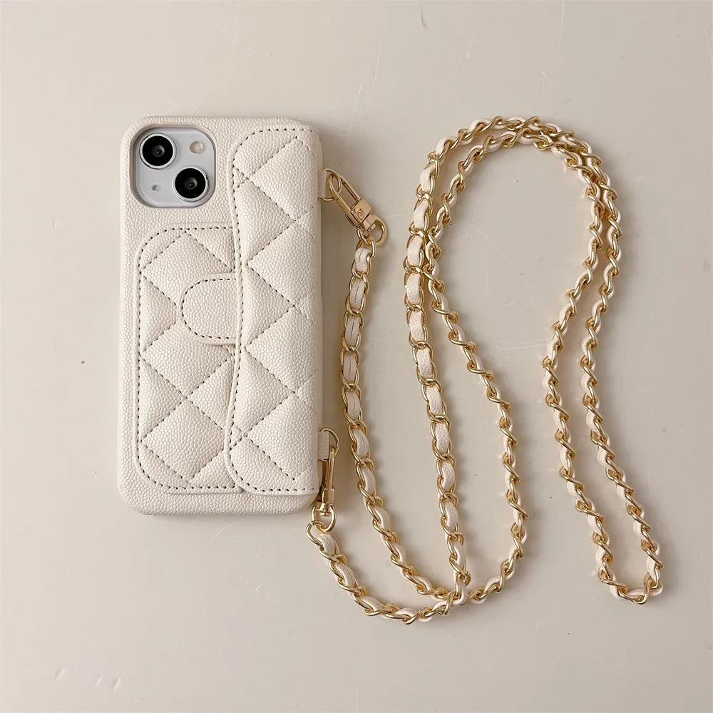 Crossbody Lanyard Wallet Phone Case For iPhone 15 14 13 16 Pro Max Card Holder Necklace Chain Luxury  Leather ( NO LOGO)