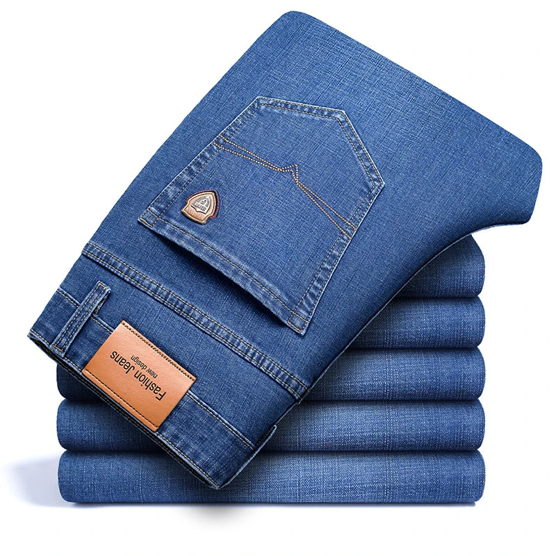 SHAN BAO 2022 autumn spring fitted straight stretch denim jeans classic style badge youth men's business casual jeans trousers
