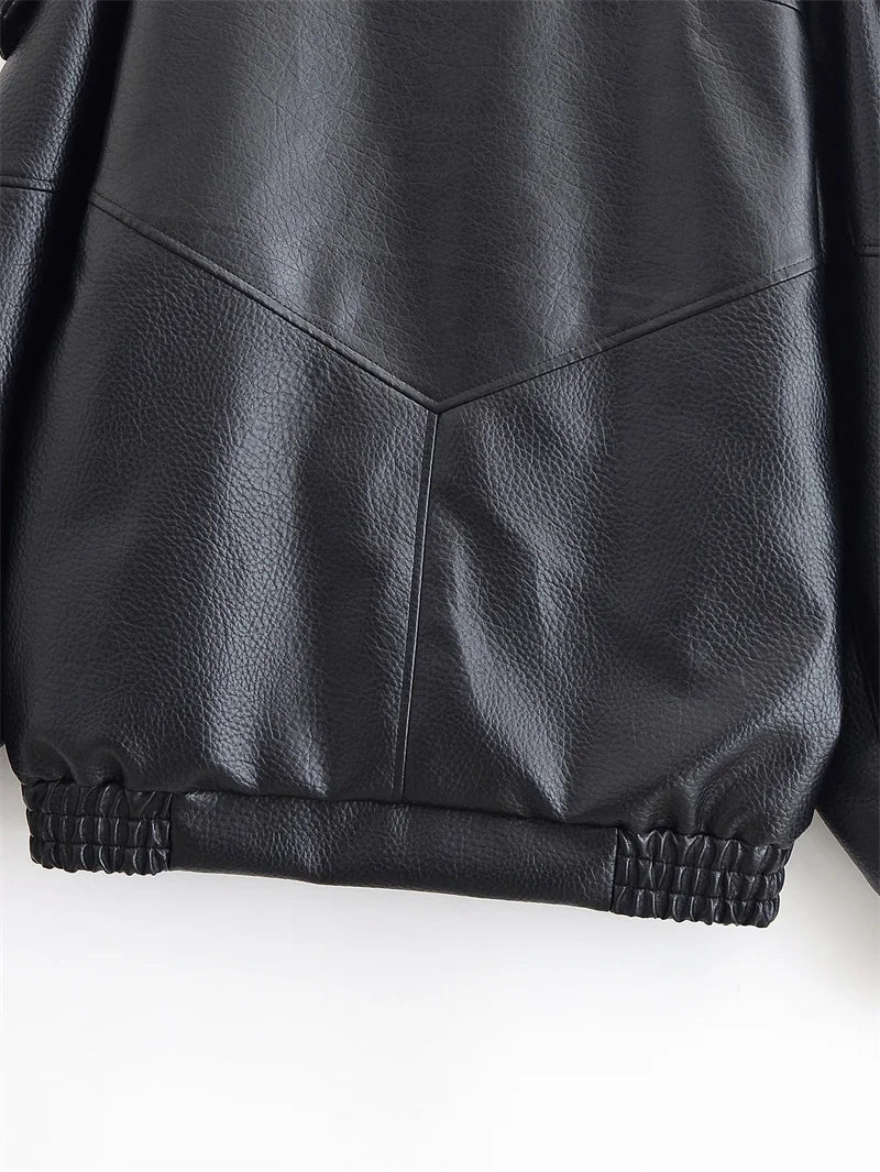 Women's Jacket Fall 2025 New Black Long Sleeve Pebble Faux Leather Jacket Motorcycle Style Personality Fashion