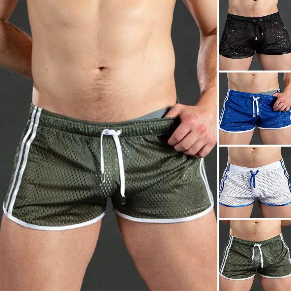 Summer Men Sport Shorts Color Matching Hollow Mesh Loose Drawstring Elastic Waist Quick Dry Jogging Gym Vacation Beach Shorts