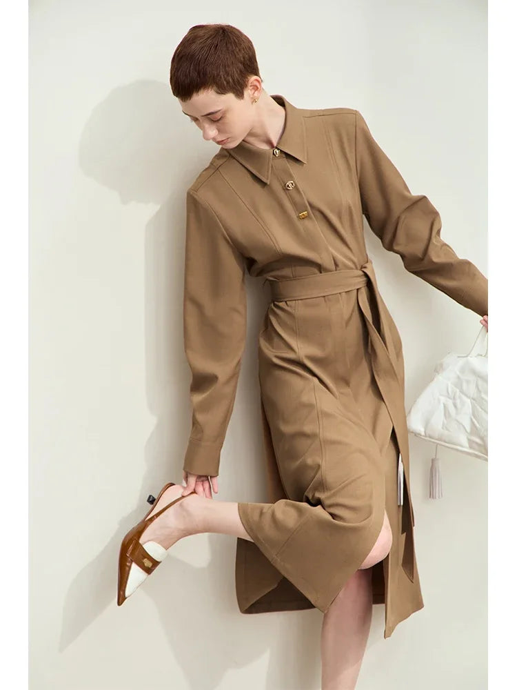 Amii Minimalism Dresses for Woman 2025 Autumn New Lapel with Belt Slim Midi Dresses Fashion Office Lady Woman Clothing 12443045