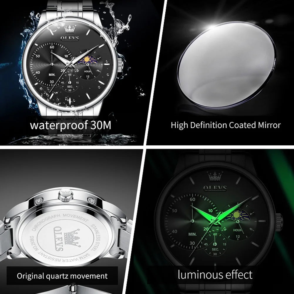 OLEVS Men's Watches Top Brand Business Fashion Fine Steel Original Brand Quartz Wristwatch for Man Moon Phase Chronograph Big