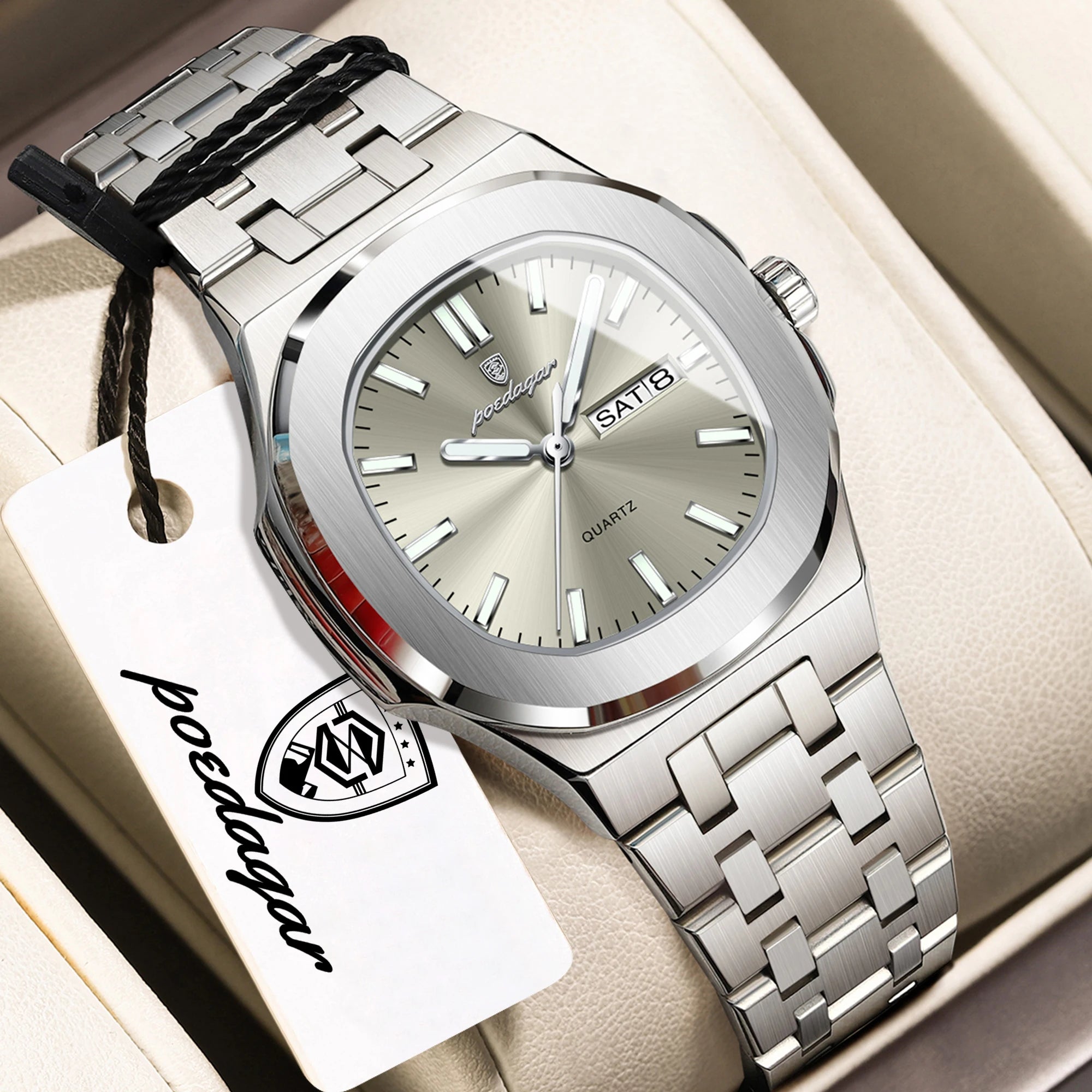 POEDAGAR Top Fashion Square Watch For Woman Luminous Waterproof Date Week Ladies Watch Stainless Steel Women's Quartz Wristwatch