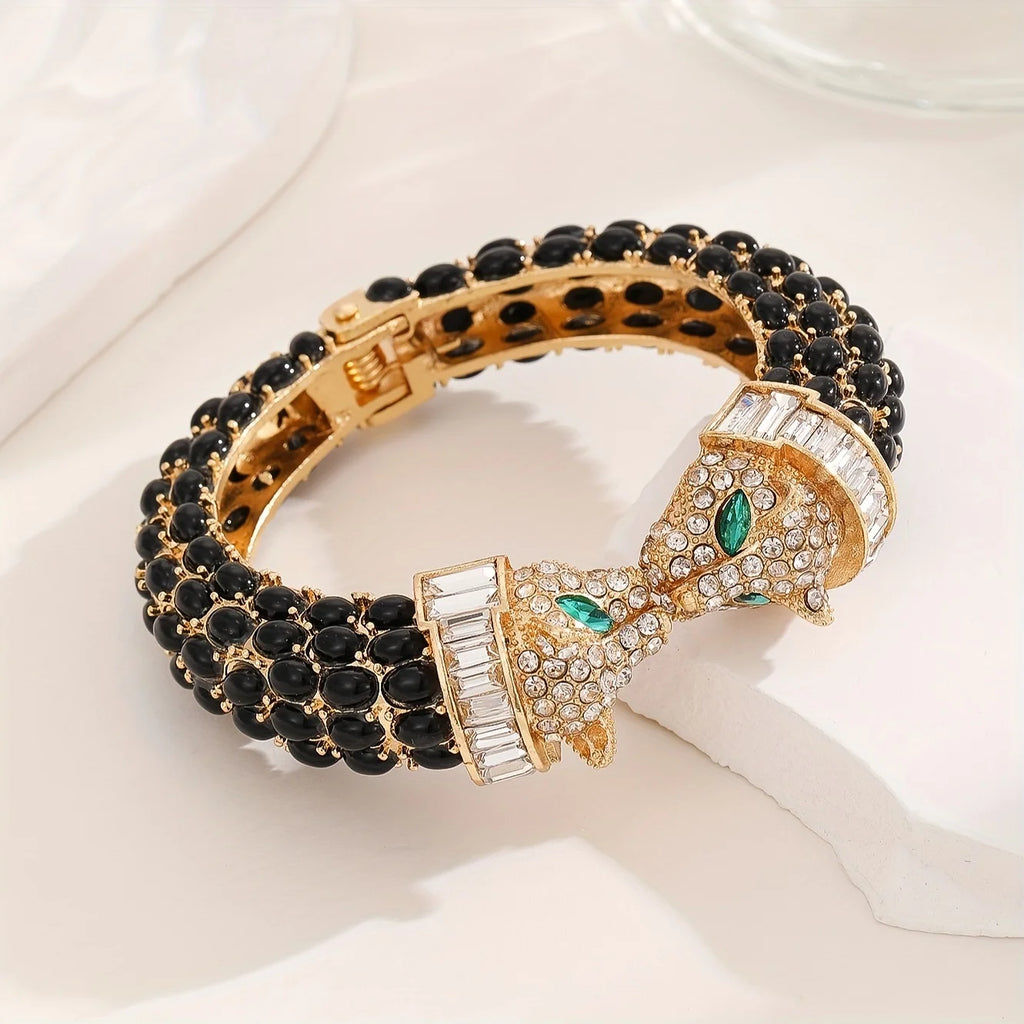 Vintage Luxury Full Rhinestone Double Headed Leopard Open Bangles Fashion Exquisite Versatile Bracelets Jewelry Gifts For Women