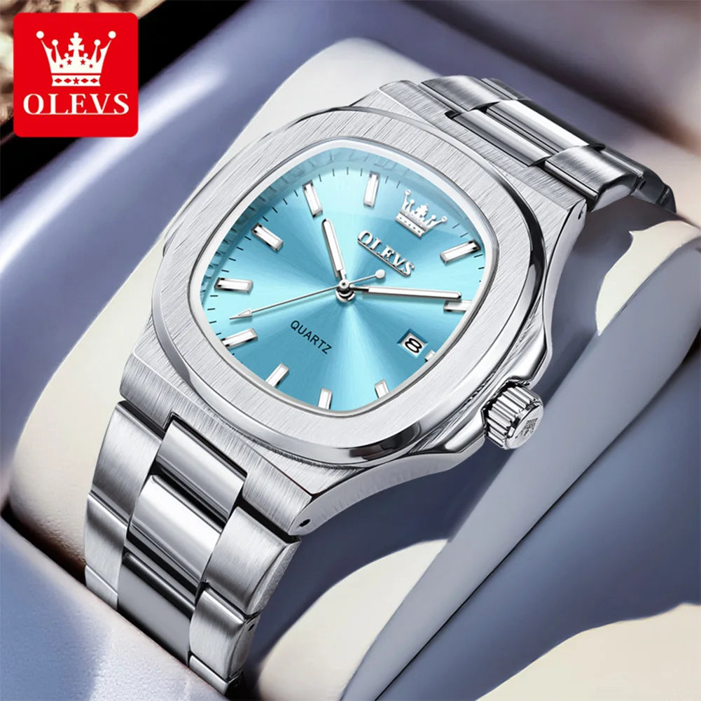 OLEVS Fashion Square Men Watches Business Stainless Steel Rose Gold Quartz Watch Calendar Date Male Casual Sports Luminous Clock