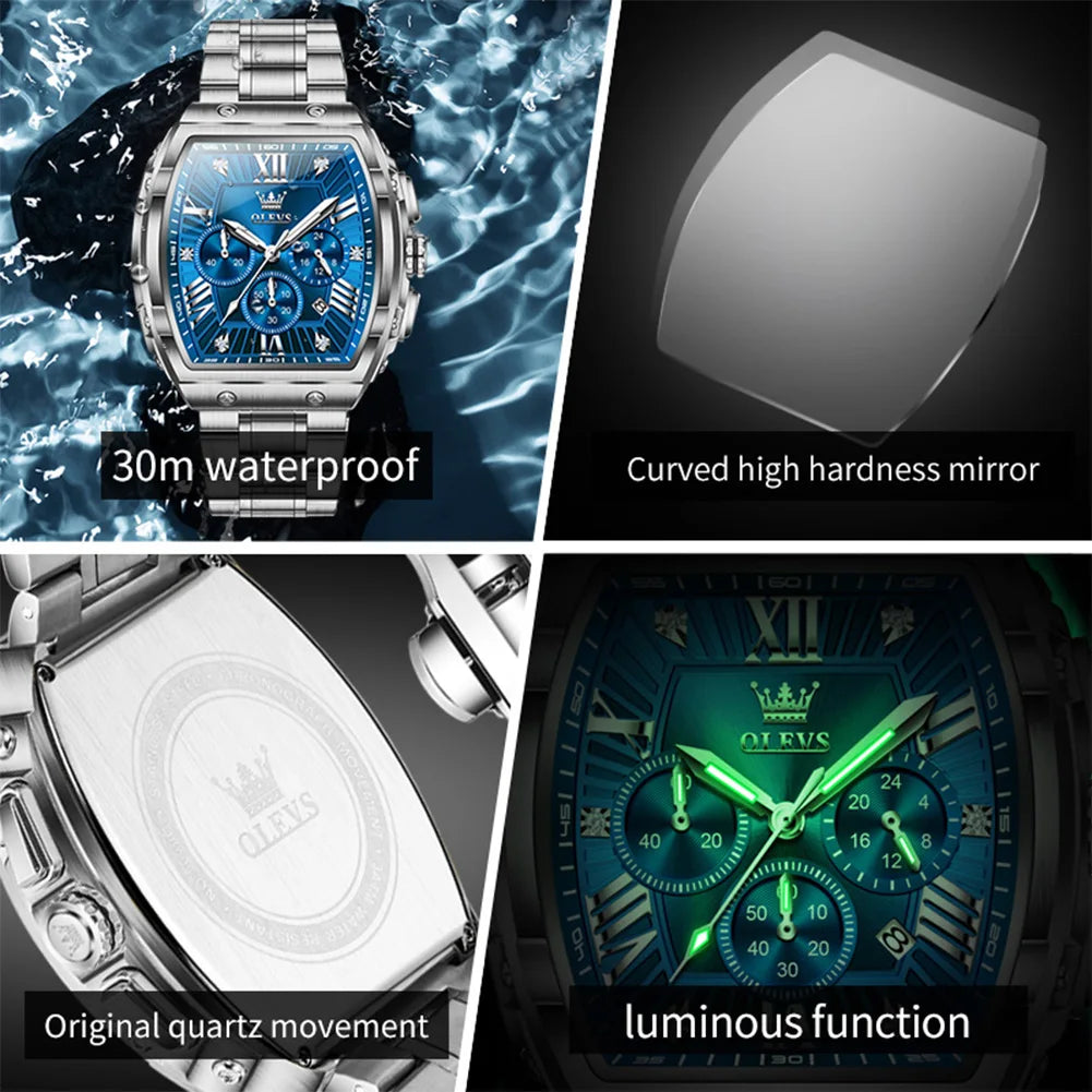 OLEVS 5639 Mens Watch Original Business Tonneau Quartz Watch Stainless Steel Waterproof Luminous Sports Date Watches New