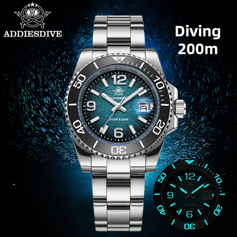 ADDIESDIVE 41MM Men Quartz Watches AD2513 Reloj BGW9 Luminous Watches Rotatable Bezel 200m Waterproof Stainless Steel Male Watch