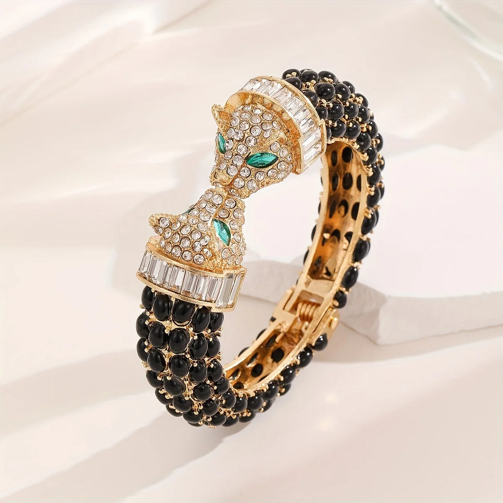 Vintage Luxury Full Rhinestone Double Headed Leopard Open Bangles Fashion Exquisite Versatile Bracelets Jewelry Gifts For Women