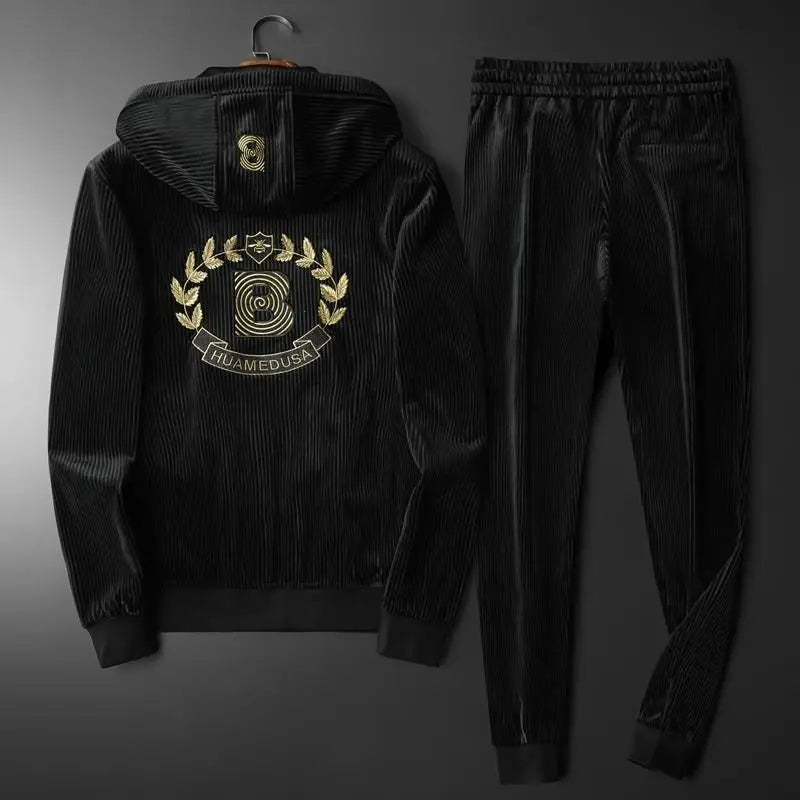 Men's Trend Gold Velvet Fashion Suit Hooded Thickened Casual Autumn and Winter New Plus Size Sportswear Two-Piece Set