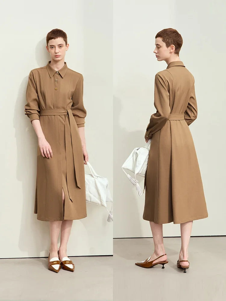 Amii Minimalism Dresses for Woman 2025 Autumn New Lapel with Belt Slim Midi Dresses Fashion Office Lady Woman Clothing 12443045