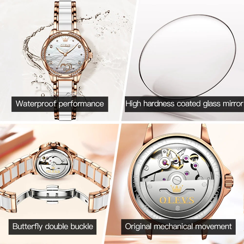 OLEVS 6631 Automatic Watches for Women Elegant Rose Gold Ceramics Strap Diamond Bezel Waterproof Women's Mechanical Wristwatches