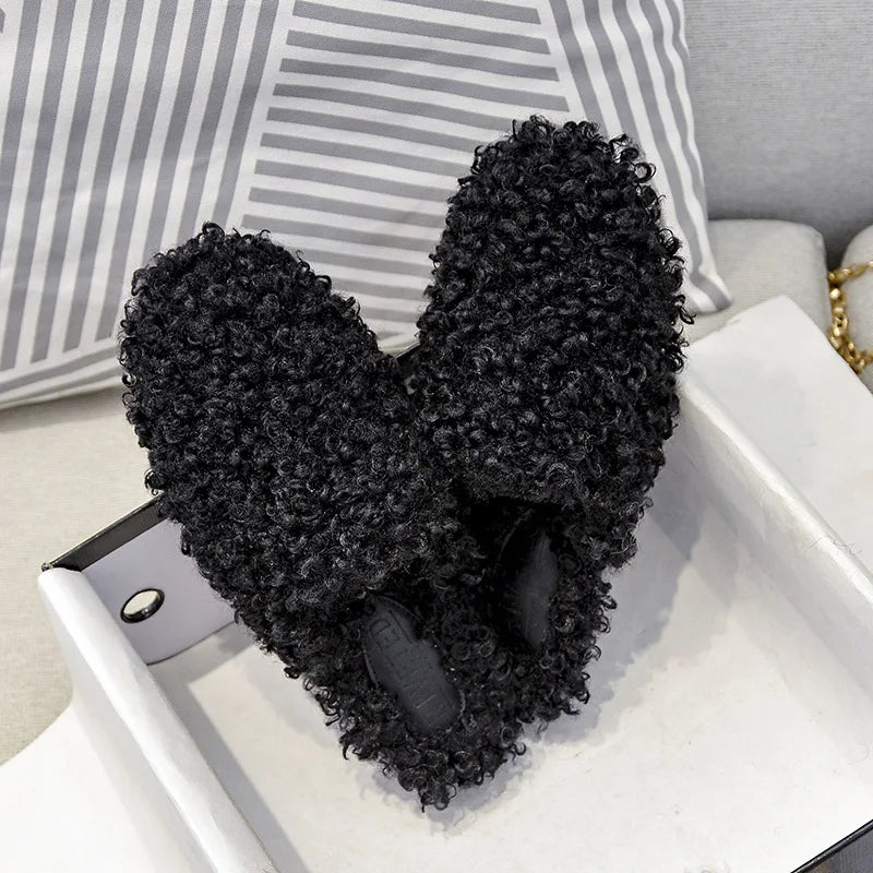 Black/white Curly Fur New Slippers Women Flat Heel Round Toe Lambwool Slides Home Shoes Woman Lazy Furry Slippers Big Size 41-44