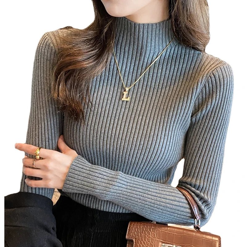 New Women's Elegant Solid Basic Knitted Tops Women Turtlneck Sweater Long Sleeve Casual Slim Pullover Fashion Simple Chic Tops