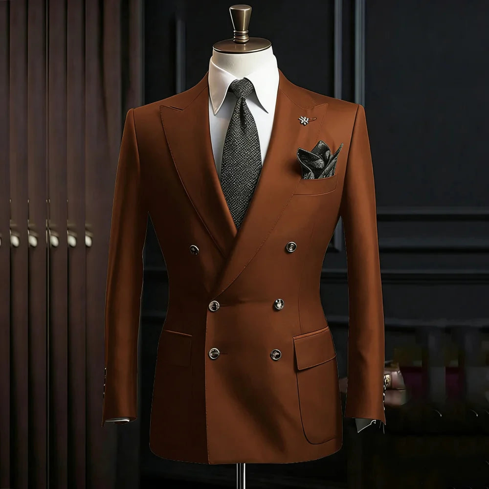 Formal Men's Suits Slim Fit Double Breasted Peaked Lapel Wedding Groom Prom Custom Male Clothing 2 Piece Jacket Pants Sets