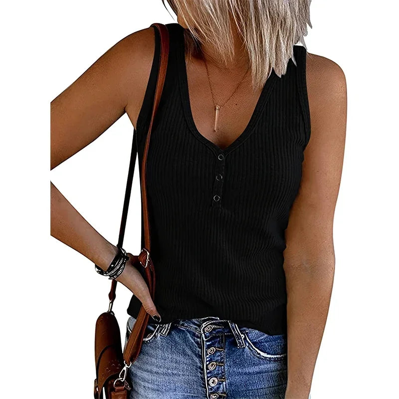 9 Colour Casual Chic Ribbed Tank Top - Everyday Sleeveless V-Neck Slight Stretch Durable Easy Care All-Season Essential