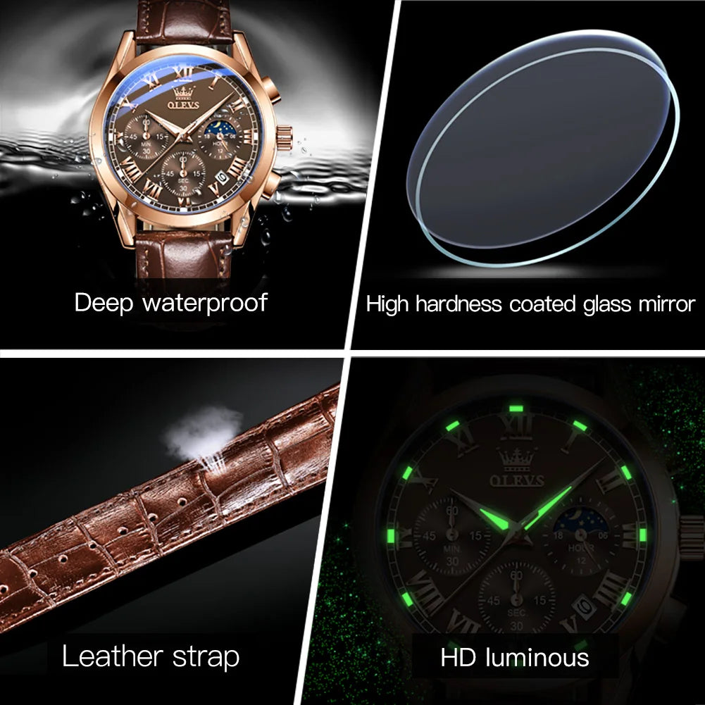 OLEVS 2871 Quartz Watches for Men Fashion Leather Strap 30M Waterproof Chronograph 24 Hour Moon Phase Auto Date Luxury Man Watch