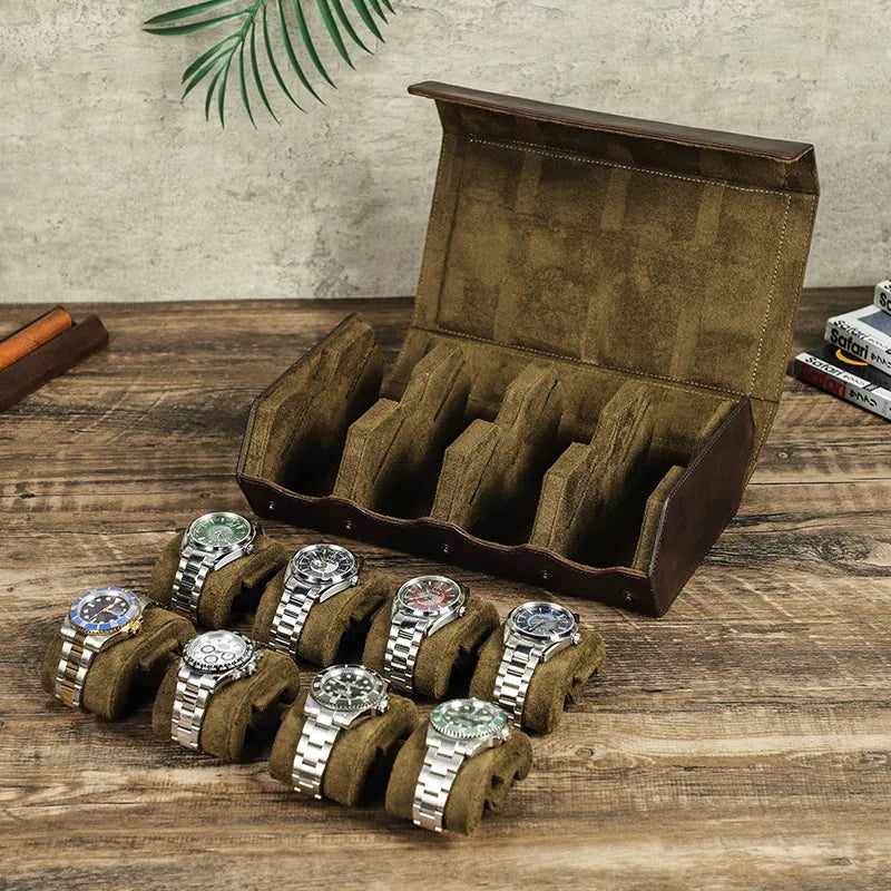 High-end Leather 8 Slot Watch Boxes Organizer for Men Travel Storage Display Bag Luxury Retro Crazy Horse Skin Fall Prevention