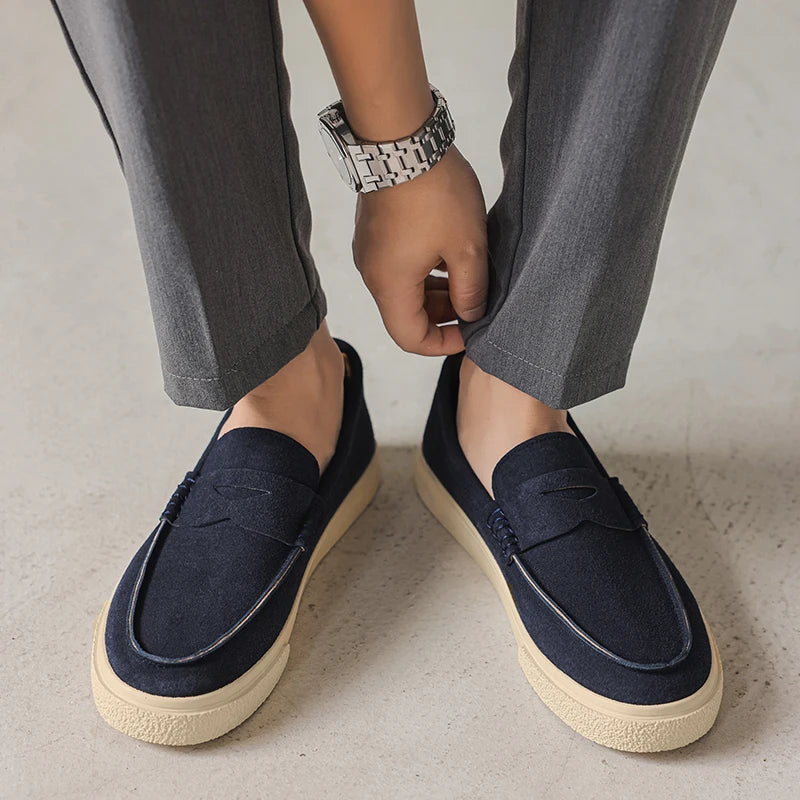 2025 Men's Genuine Suede Loafers 39-44, Black Round-Toe with Decorative Flap & Stitching Details, Brown Lined Comfortable Fit
