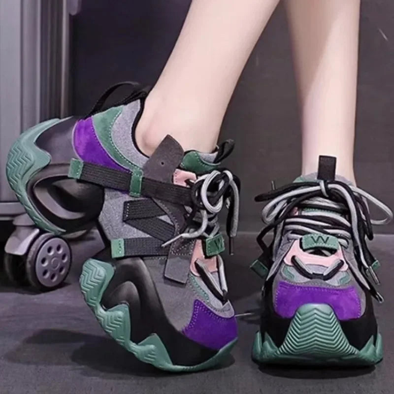 2025 New Platform Sneakers Women Sports Ladies Trainers Vulcanized Shoes Woman Color Blocked Lace Up Trendy Chunky Sneakers