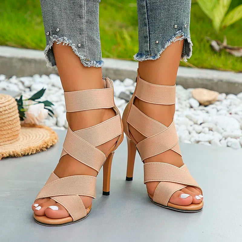 Super High Heel Sandals for Women Sexy Open Toes Elastic Broadband Crossover Zipper Gladiator Shoes Party Wedding Pumps