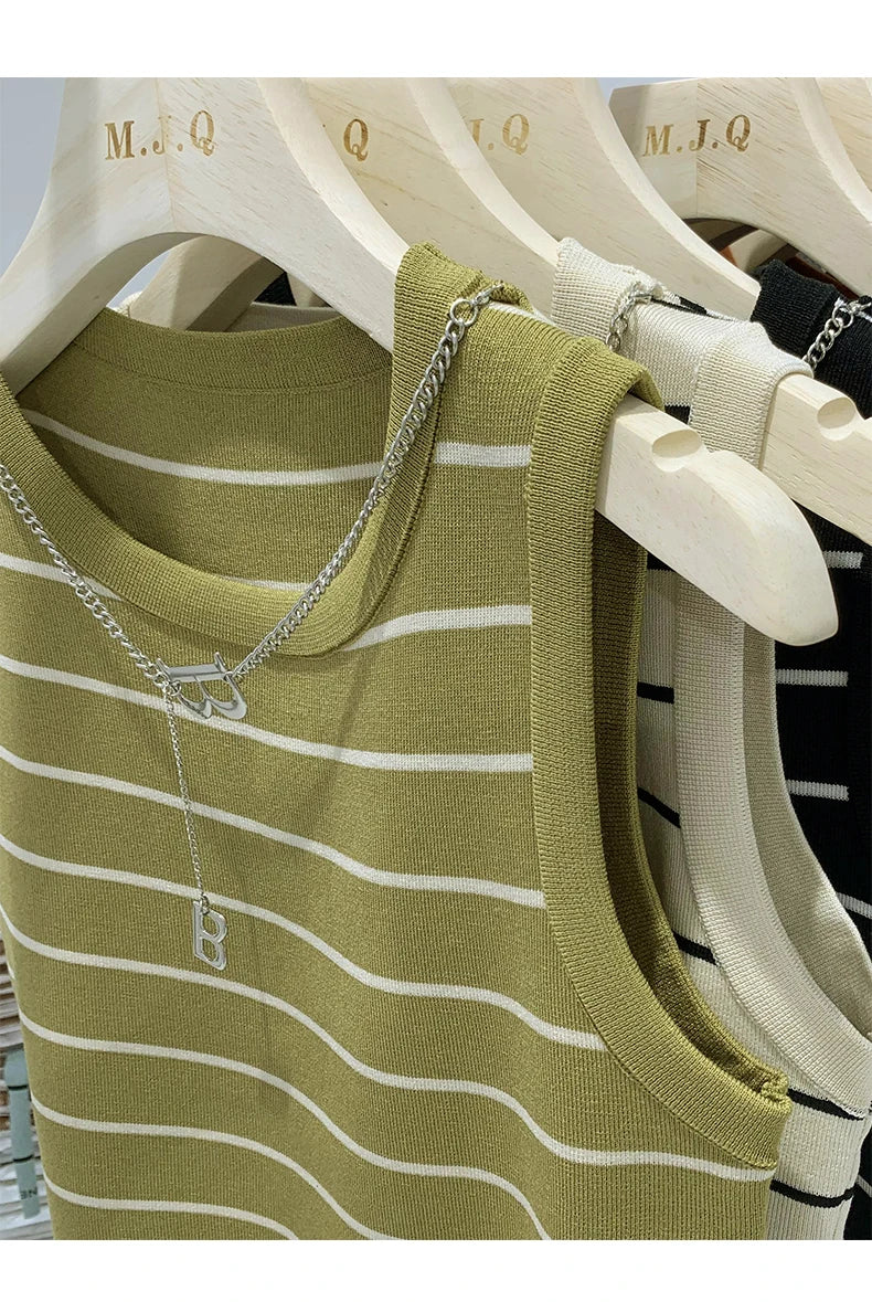 AOSSVIAO 2026 New Waistcoat Women Wear Striped Wide Edge Temperament Summer Top Short Knit Sleeveless Bottom Shirt