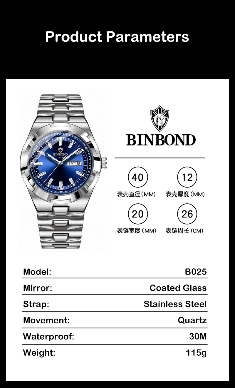 BINBOND Men's Watch Fashion Trend Night Light Calendar Waterproof Business Leisure Steel Strip Men's Watch Watches for man B025