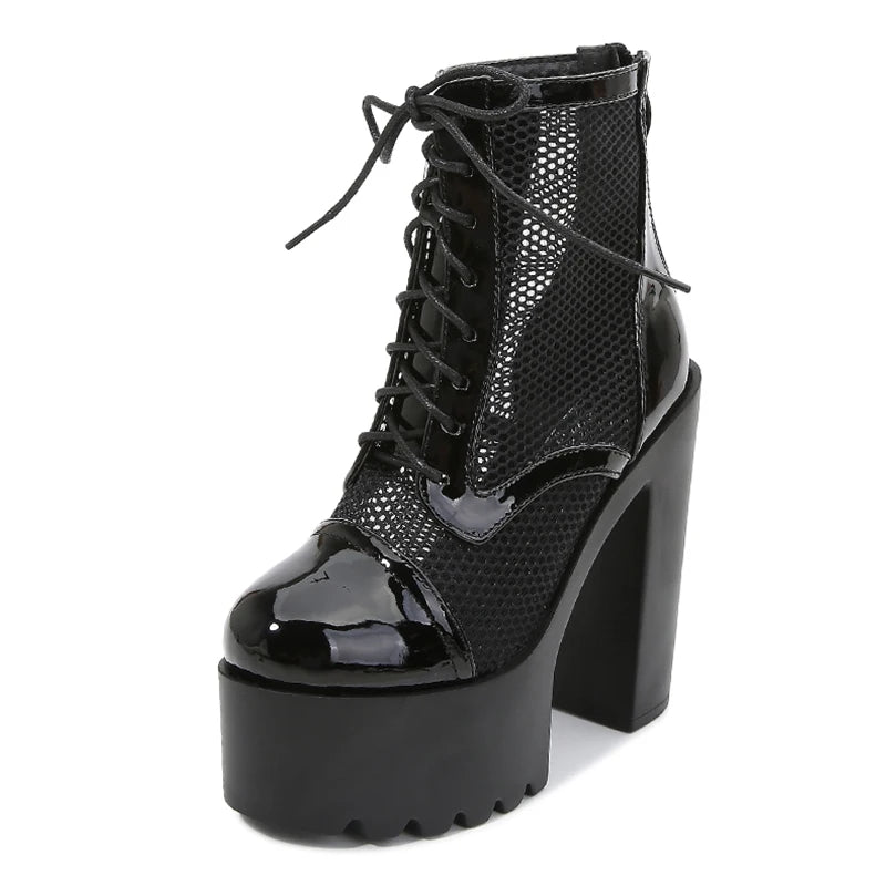 Gdgydh Womens Mesh Breathable High Heel Platform Boots Lace Up and Zipper Sexy Modern Motorcycle Boots Block Heels Punk Style
