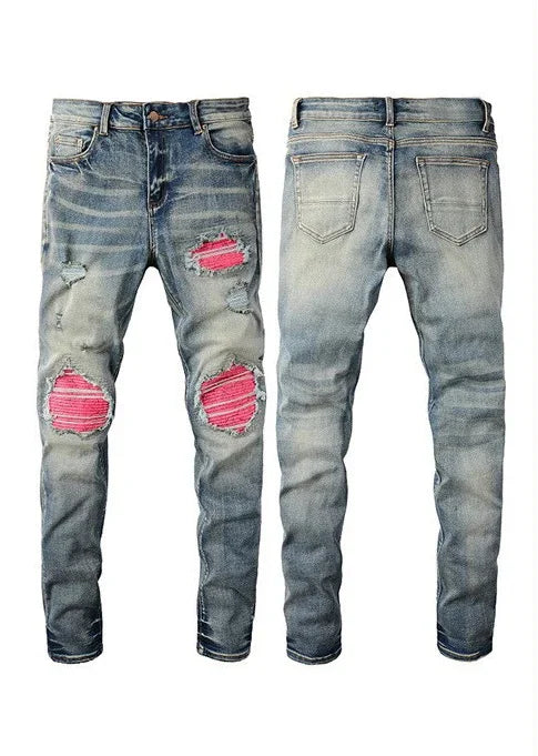 Hole Jeans Men Patchwork Ankle Length Trousers Washed Denim Pencil Pants Mid Waist Vintage Distressed Autumn Street Denims